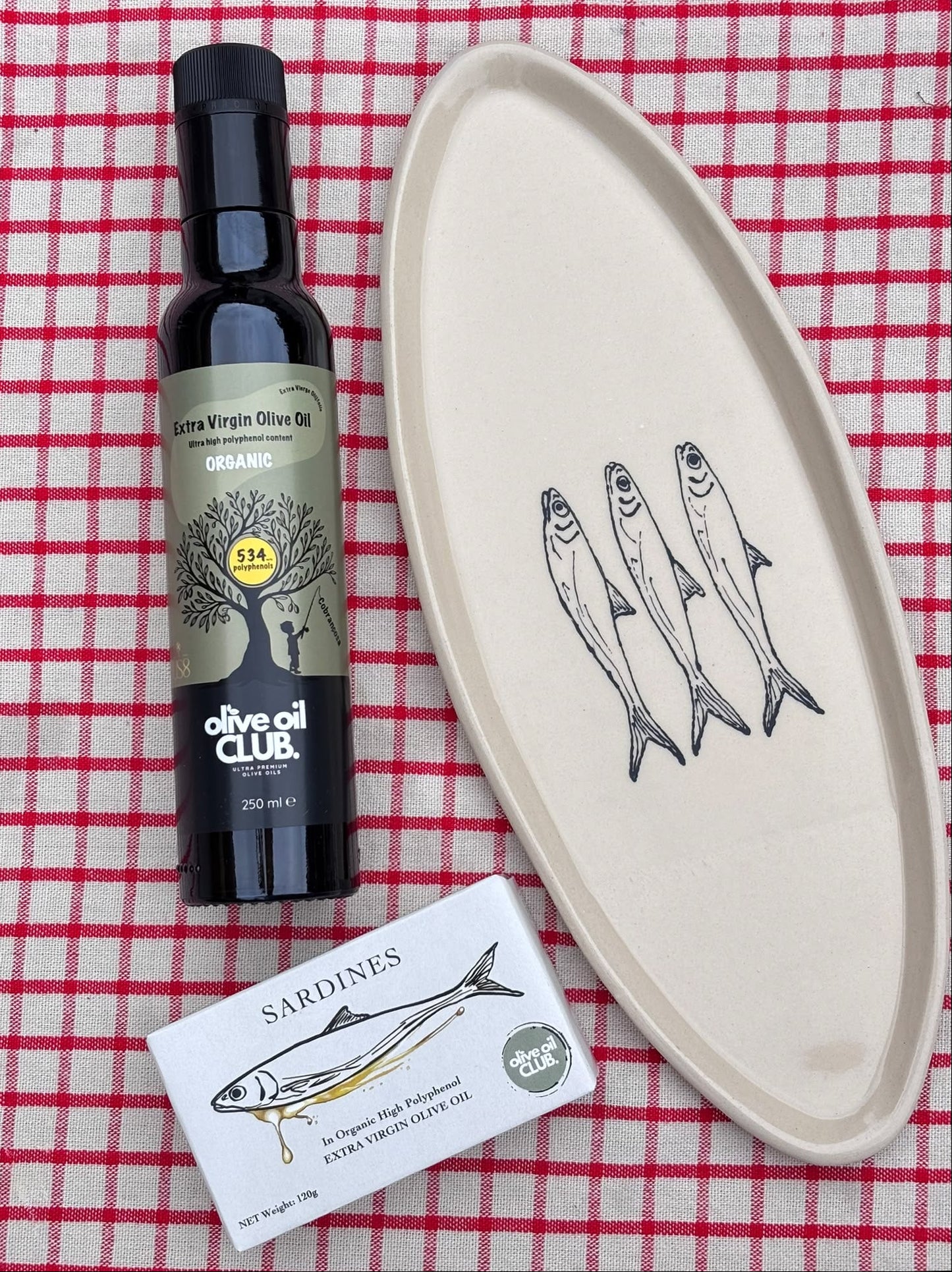 Olive oil + Sardines + Handmade Ceramic Sardines Plate
